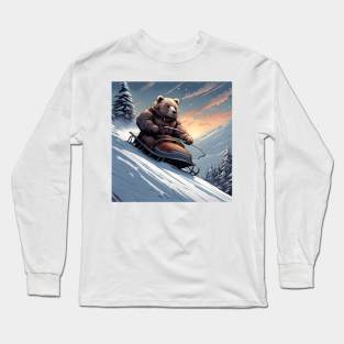 Teddy on a sledge riding down a hill in the snow Long Sleeve T-Shirt